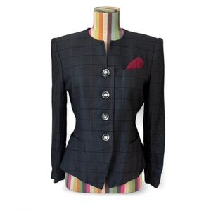 Vintage Kasper Structured Shoulder Plaid Blazer Jacket Pocket Square